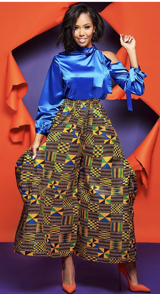 African Print Wide Leg Palazzo Pants Yellow Blue - The Queen's Storehouse