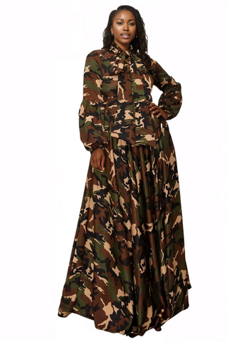 Green Camouflage Bow Maxi Dress