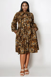 Leopard Puff Sleeve Print Midi Dress