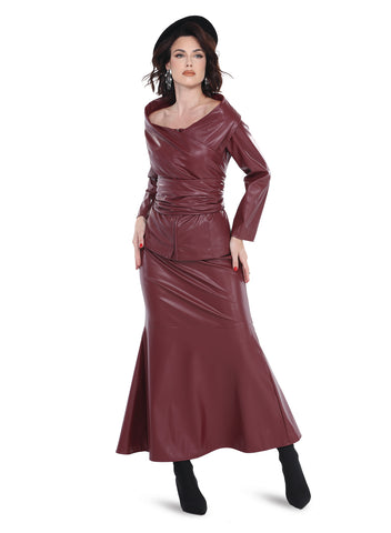 Love the Queen 17577 berry red faux leather skirt suit