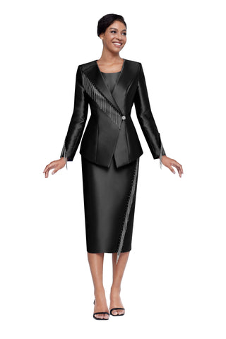 Serafina 4343 black silky twill skirt suit