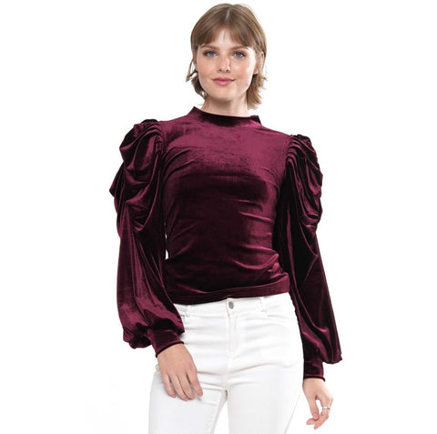 Why Dress T210048 wine puff sleeve top