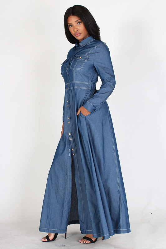 Square neckline maxi denim dress, Maxi denim popular dress, Black denim dress, Blue denim dress, Feminine denim dress