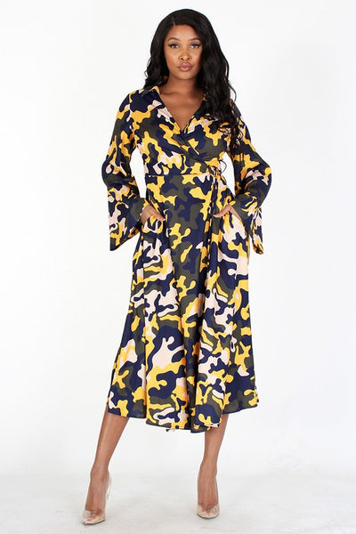 Bell Sleeve Wrap Camouflage Dress – Diva's Den Fashion, LLC