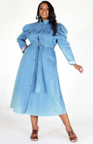 Puff Sleeve Denim Midi Dress