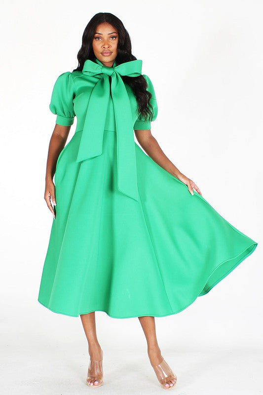 Puff Sleeve Bow Tie Midi Dress – Diva's Den Fashion, LLC