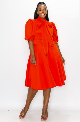 Puff Sleeve Solid Midi Dress